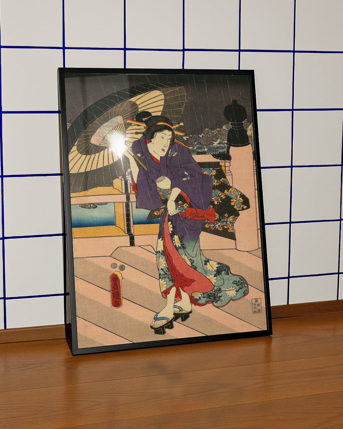 Rainy Scene on a Bridge III (1800s) by Utagawa Kunisada