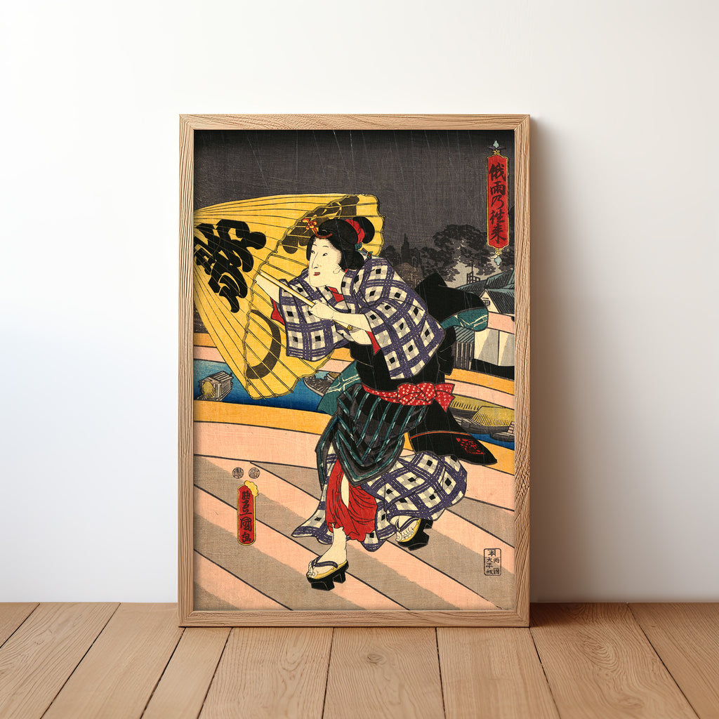 Rainy Scene on a Bridge (1800s) by Utagawa Kunisada