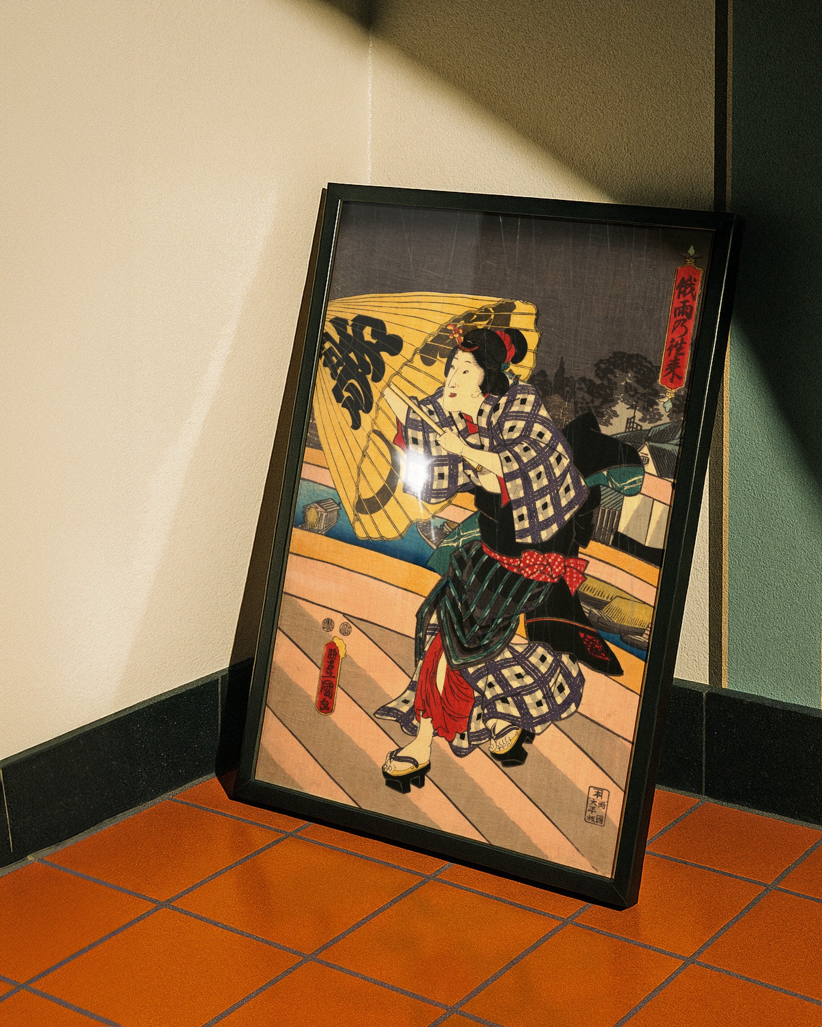 Rainy Scene on a Bridge (1800s) by Utagawa Kunisada