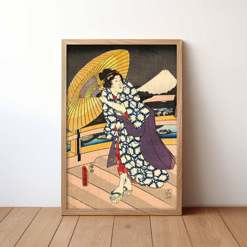 Rainy Scene on a Bridge II (1800s) by Utagawa Kunisada