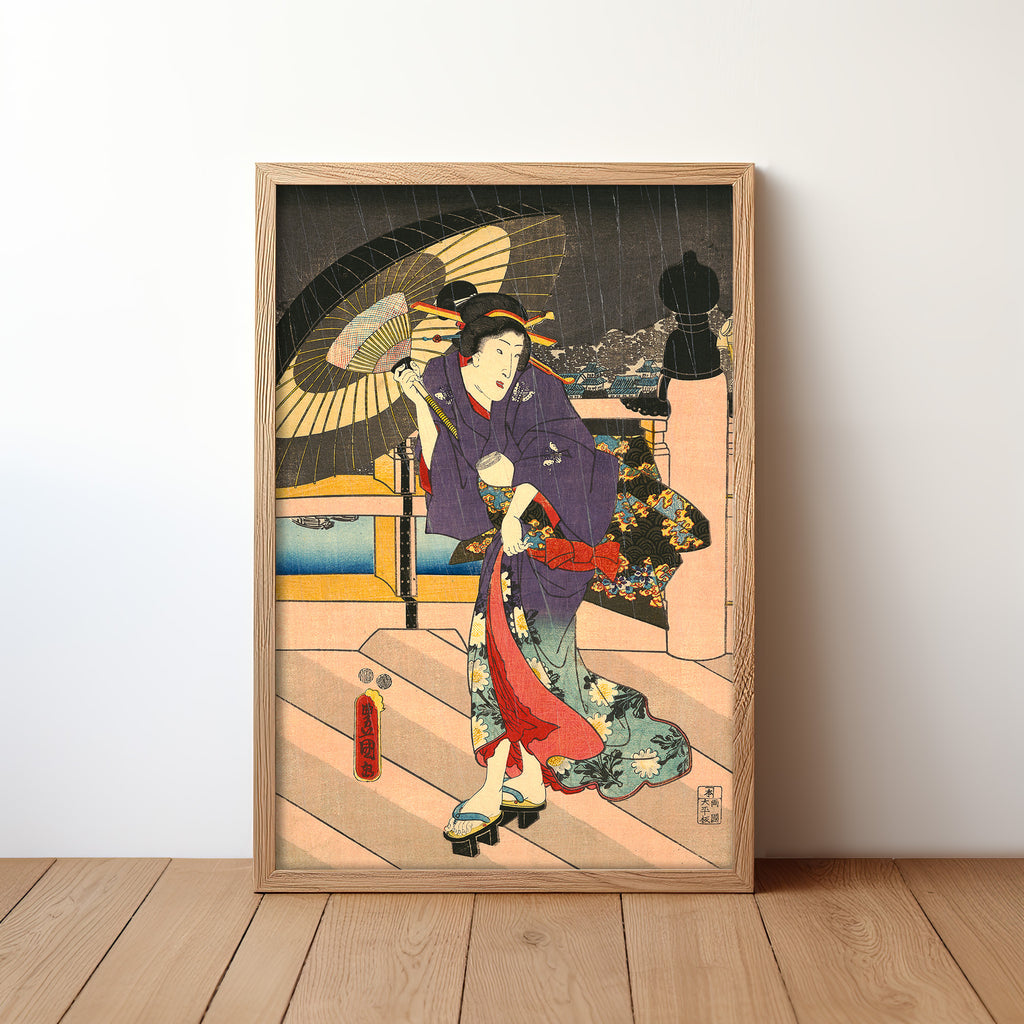 Rainy Scene on a Bridge III (1800s) by Utagawa Kunisada