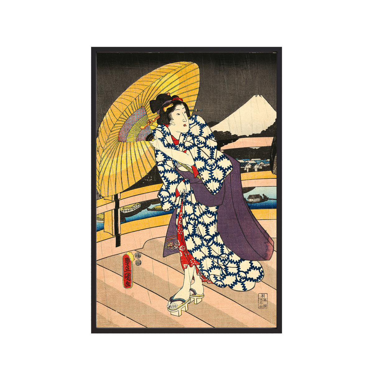 Rainy Scene on a Bridge II (1800s) by Utagawa Kunisada