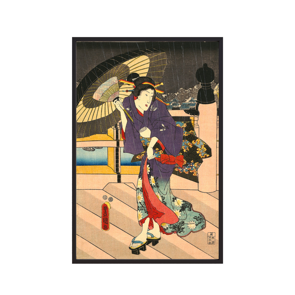 Rainy Scene on a Bridge III (1800s) by Utagawa Kunisada
