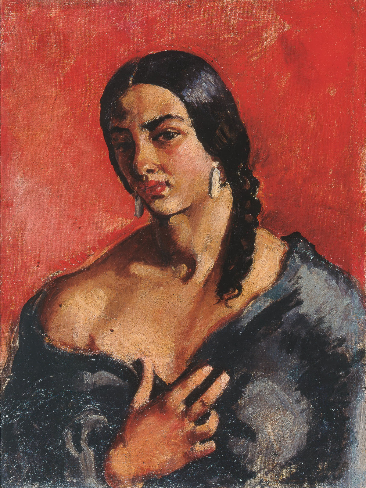 Self-Portrait with Red Background (c.1930) by Amrita Sher-Gil — unframed artwork
