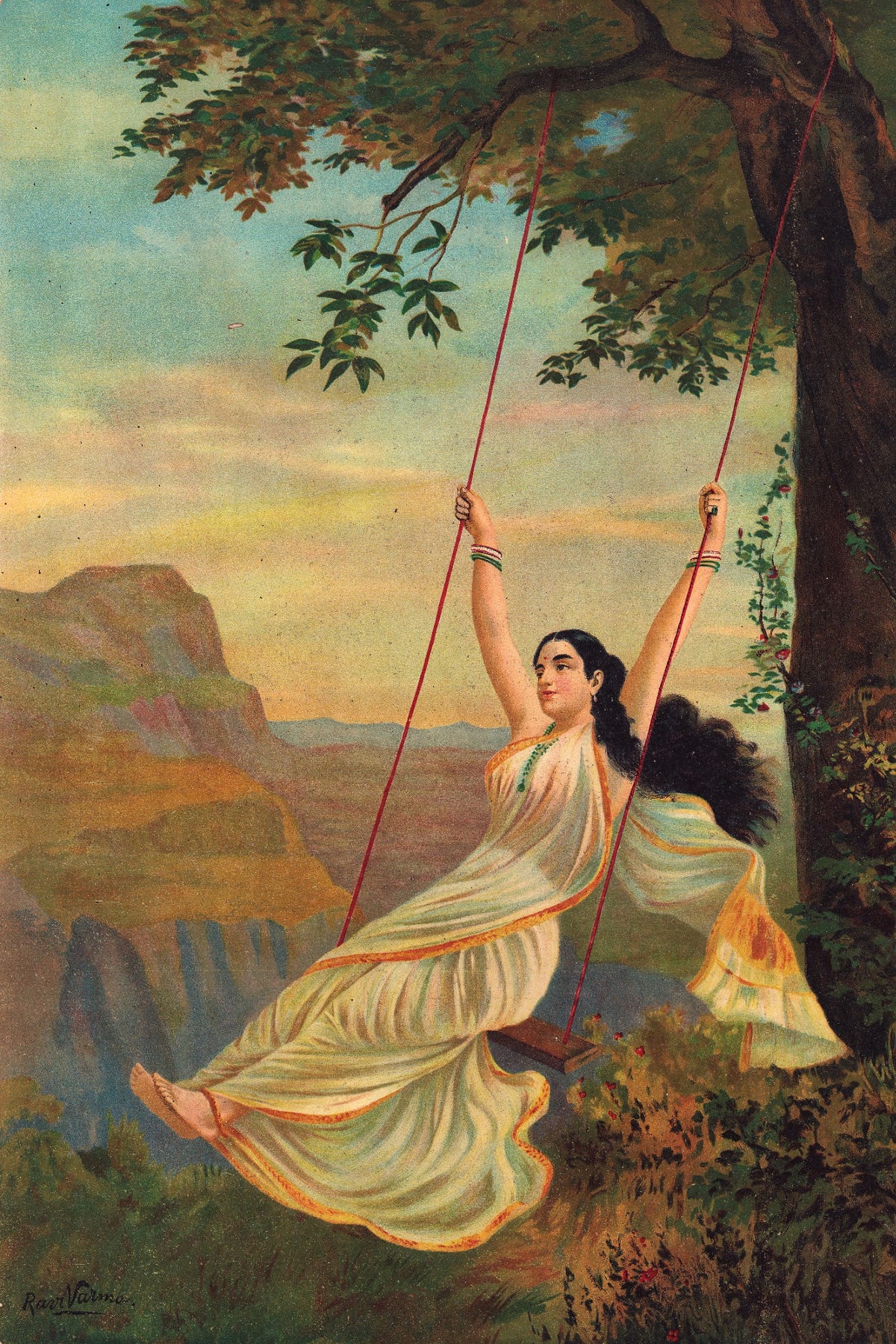 Mohini on a Swing (1894) by Raja Ravi Varma — unframed artwork